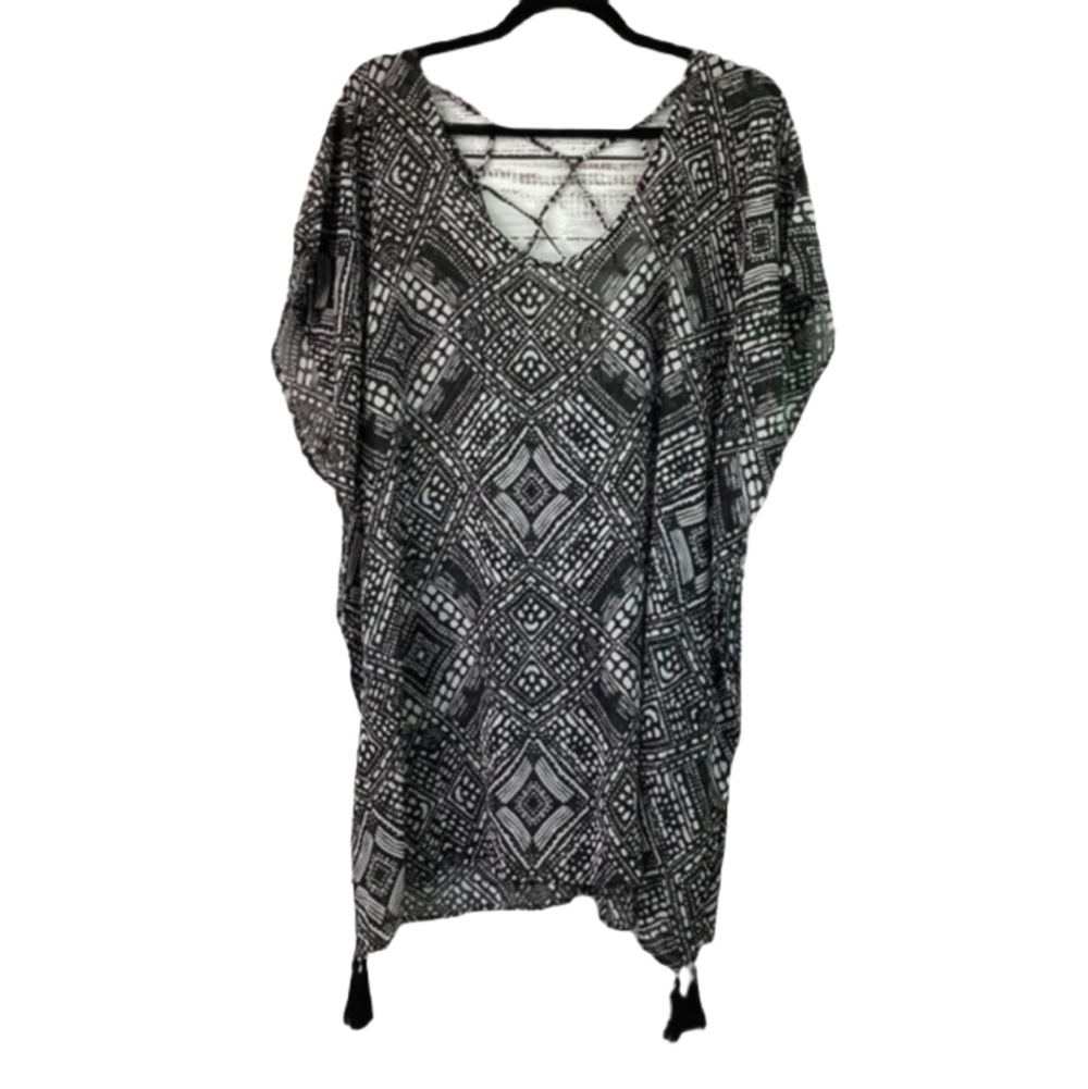 NEW PALISADES BEACH CLUB XS XSMALL TOP BLACK‎ WHITE TUNIC SWIM COVERUP TASSELS